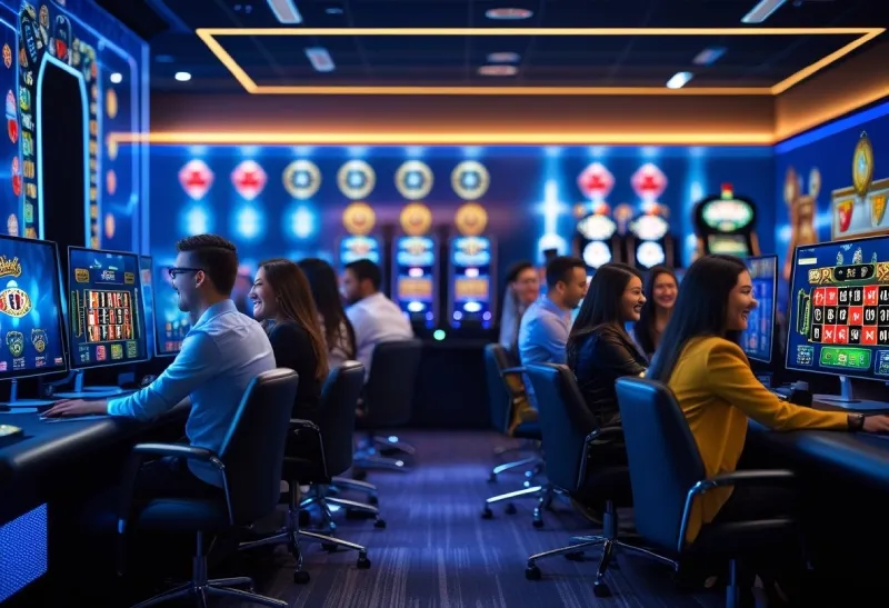 People playing various casino games on computers in a modern online gaming room
